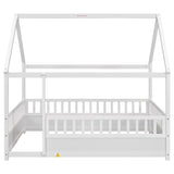 Full Size Floor Wooden Bed with House Roof Frame, Fence Guardrails,White W1858123986