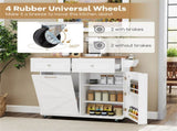 White Mobile Kitchen Island Cart with Drop-Leaf Design, Lockable Universal Wheels & Trash Storage 84900576