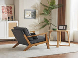 Mid-Century Oak Accent Chair - Linen-Cotton Dark Gray Upholstered Single Lounge Chair, Indoor 18928808
