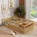 ZNTS Twin Floor Bed Frame with Fence, Wood Kids Floor Beds Frame for Bedroom Playroom,Natural W2593P164749