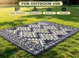 8' x 10' Waterproof Reversible Outdoor Rug Blue White Rhombus Border Plastic Straw Rug with Carry 38338232