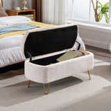 ZNTS Ivory White Storage Ottoman for End of Bed Gold Legs, Modern Ivory White Faux Fur Entryway W117082032