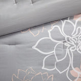 Printed Cotton Sateen Comforter Set Grey/Peach Queen B03597062