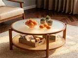 Walnut Boho 2Tier Round Coffee Table, PE Rattan Accent Side Table with Tempered Glass Top, Solid 57774693