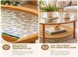 2-Tier Round Coffee Table, Water Ripple Glass Top, PE Rattan & Iron Frame, 74133085