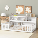 Twin Floor Bed with Bedside Bookcase,Shelves,Guardrails,White W504142771