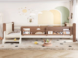 Full Size Floor Bed with Storage Bookcases, Solid Wood Kids Floor Bed with Cute Stairs and W1580P390220