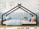 Black House Shaped Twin Size Kids Metal Bed with Side Rails, Platform Bed No Box Spring Needed, Safe 35174809
