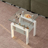 White Tempered Clear Glass End Table, 2-Layers Small Table with Storage, Living Room Side Table W1718P177829