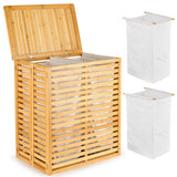 Bamboo Laundry Hamper with Lid Foldable Clothes Basket with 2-Section Removable Liner Bag, 91307631