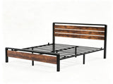 Full Size Metal Wood Platform Bed Frame, 3-Panel Fire Burnt Brown Wood Grain Headboard with LED 77349359