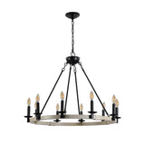 Rustic Farmhouse 10-Light Candle Chandelier, Black Metal and Wood Round Hanging Light Fixture for W1340P221222