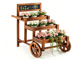 3-Tier Wooden Plant Display Stand, Carbonized Fir Wood Flower Cart with Chalkboard & Rolling Wheels, 65513384