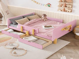 Full Size Platform Bed with Storage Drawers, Solid Wood Beds Frame with Bed Guardrail, Small Shelf, W1580P373245