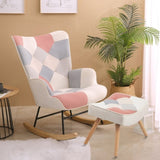 ZNTS Rocking Chair with ottoman, Mid Century Fabric Rocker Chair with Wood Legs and Patchwork Linen for W561P175989