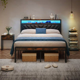 Queen Size Metal Platform Bed Frame with Adjustable Upholstered Headboard, Charging Station, LED W1903P195337