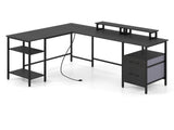 L-Shaped Corner Desk with Charging Station, Reversible Monitor Stand & Foldable Fabric Drawers, 80220481