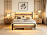 Twin Size Metal Wood Platform Bed Frame, 3-Spanel Wash Grey Wood Grain Headboard with LED Light & 55092829