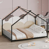 Full size children's bed frame with LED light strips, roof-shaped iron frame bed, Black,78.5" L x W1820P308331