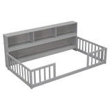Twin Floor Bed with Bedside Bookcase,Shelves,Guardrails,Grey W504142770