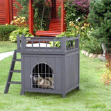 ZNTS Grey 2-Level Wooden Cat House with Lockable Wire Door 89469133