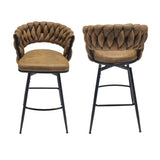 28" Technical Leather Woven Bar Stool Set of 2,Black legs Barstools No Adjustable Kitchen Island T2396P279778