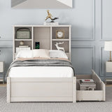 ZNTS Modern Twin Size Bed Frame With Built-in USB Port on Bookcase Headboard and 2 Drawers for White W697P152022