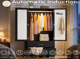 Black Wardrobe Closet with Mirror Door, 2 Doors & 2 Drawers Storage Cabinet with LED Sensor Light, 59491281
