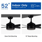 52" Integrated LED Light Matte Black Blade Ceiling Fan with Remote Control with 4 blades W1367P228998