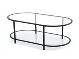 Oval Glass Coffee Table with 2-Tier Storage Shelves, Black Metal Frame, Clear Glass Top, 07323954