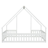 Full Wood House-Shaped Floor Bed with Fence, Guardrails,White W504P143294