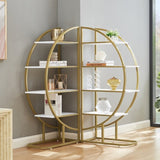 4 Tiers Home Office Open Bookshelf, Round Shape, Different Placement Ways, MDF Board, Gold Metal WF300940AAK
