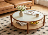 Walnut Boho 2Tier Round Coffee Table, PE Rattan Accent Side Table with Tempered Glass Top, Solid 57774693