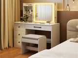 White Vanity Desk and Stool Set with Sliding Mirror & 3-Mode LED Light Strip, Anti-Toppling Dressing 57857902