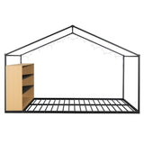 Full Size Metal Bed House Bed Frame with Shelves and Lights, Black N737P176706B