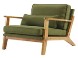 Mid-Century Oak Accent Chair - Linen-Cotton Forest Green Upholstered Single Lounge Chair, Indoor 45317043