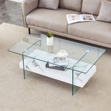 43.3 Inch Modern Two-Tier Coffee Table - An Elegant Combination of Clear Glass and White Marble W2920P226070