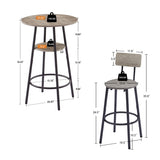 Round bar stool set with shelf, upholstered stool with backrest Grey, 23.62'' W x 23.62'' D x W1162101846