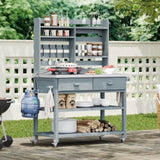 K&K 64.9"H Outdoor Potting Bench Table with Lockable Wheels, Solid Wood Outdoor Kitchen Island with N707P228274G