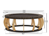 35.43"Vintage Rattan Solid Wood Round Coffee Table, Curved Legs Boho Accent Table for Dining Room, W757P445115