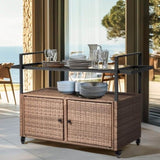 ZNTS Outdoor Bar Cart Table, Large Wicker Island Rolling Cart, Wheeled Buffet Serving Cart with Glass Top 04069114