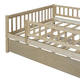 Full Size Wood Daybed with Trundle and Fence Guardrails, Natural WF301863AAN