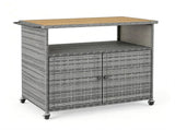 Outdoor Wicker Storage Cabinet, Solid Acacia Wood Patio Bar Cart with Lockable Universal Wheels, 70797821