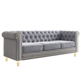 Chesterfield Velvet Sofa 84.65 inch for Living Room Light Grey Color W579P326878