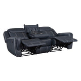 Modern Blue Dual Reclining Sofa with Center Drop-Down Cup Holders, Breathable Faux Leather B011P228161