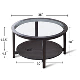 ZNTS Round glass top solid wood storage coffee table, black W848120036