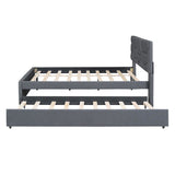 Full Size Upholstered Platform Bed with Brick Pattern Headboard and Twin Size Trundle, Linen Fabric, 49640107