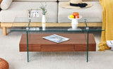 ZNTS 43.3 Inch Modern Two-Tier Coffee Table - Clear Tempered Glass and Dark Wood Grain, Multifunctional W1151P232626