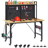 48''Adjustable Workbench with pegboard, Heavy Duty Wooden Desktop Workbench with Wheels, 1600 lb. 00789483