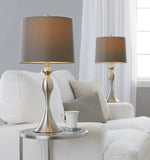 Ashland 27" Contemporary Metal Table Lamp in Brushed Nickel with Taupe Satin Shade from Grandview B202P224089